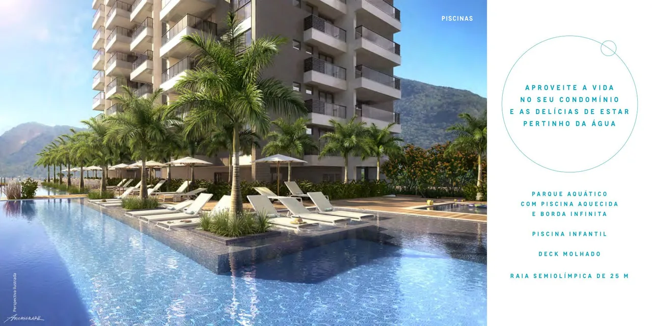 Parque aquático com piscina aquecida, borda infinita e raia semiolímpica
